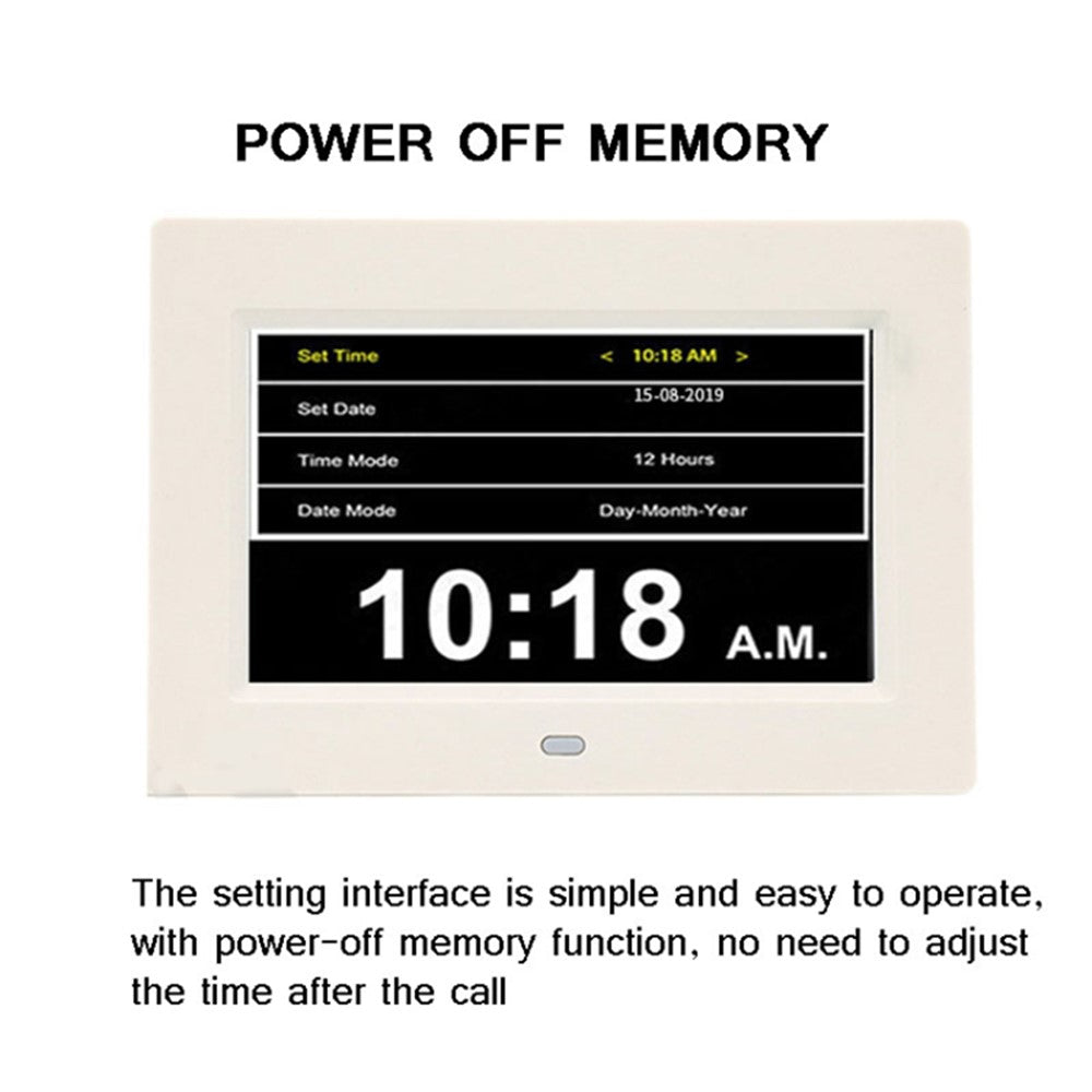 Alarm Clock Digital Calendar Day Clock 7-inch Large Display Programmable Medication Reminder, EU Plug