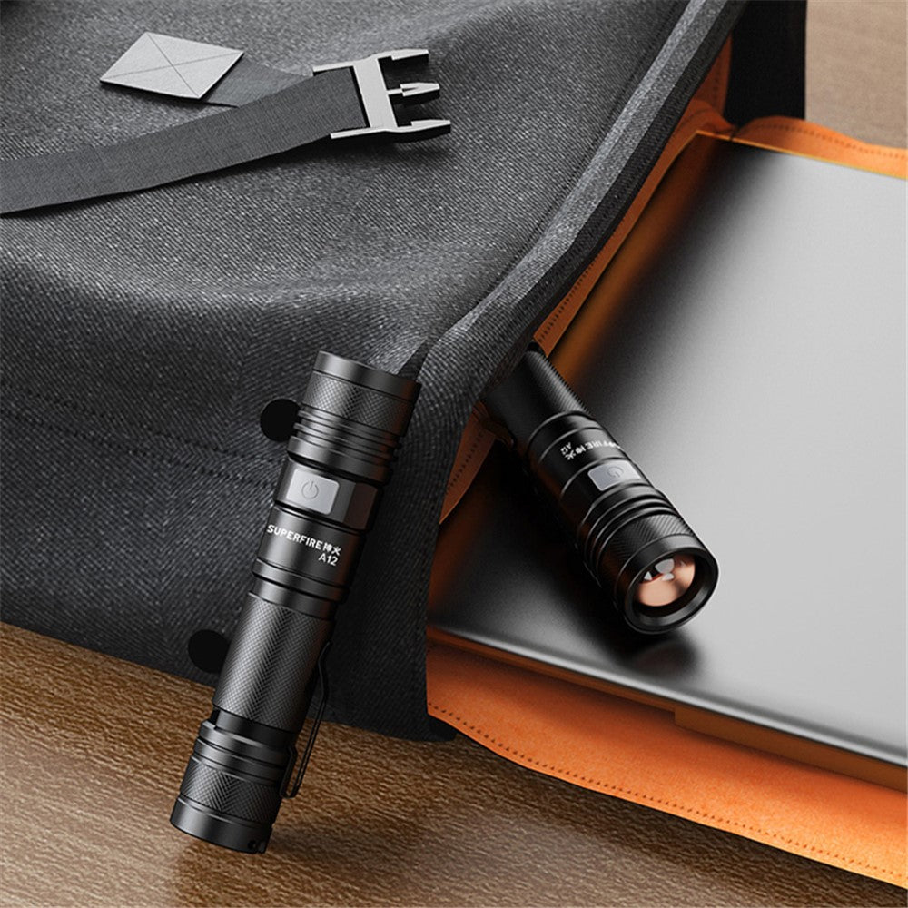 SUPERFIRE A12 Handheld Flashlight 15W Adjustable Focus Waterproof Drop Resistant with 5 Modes for Outdoor Emergency Use (without Battery)
