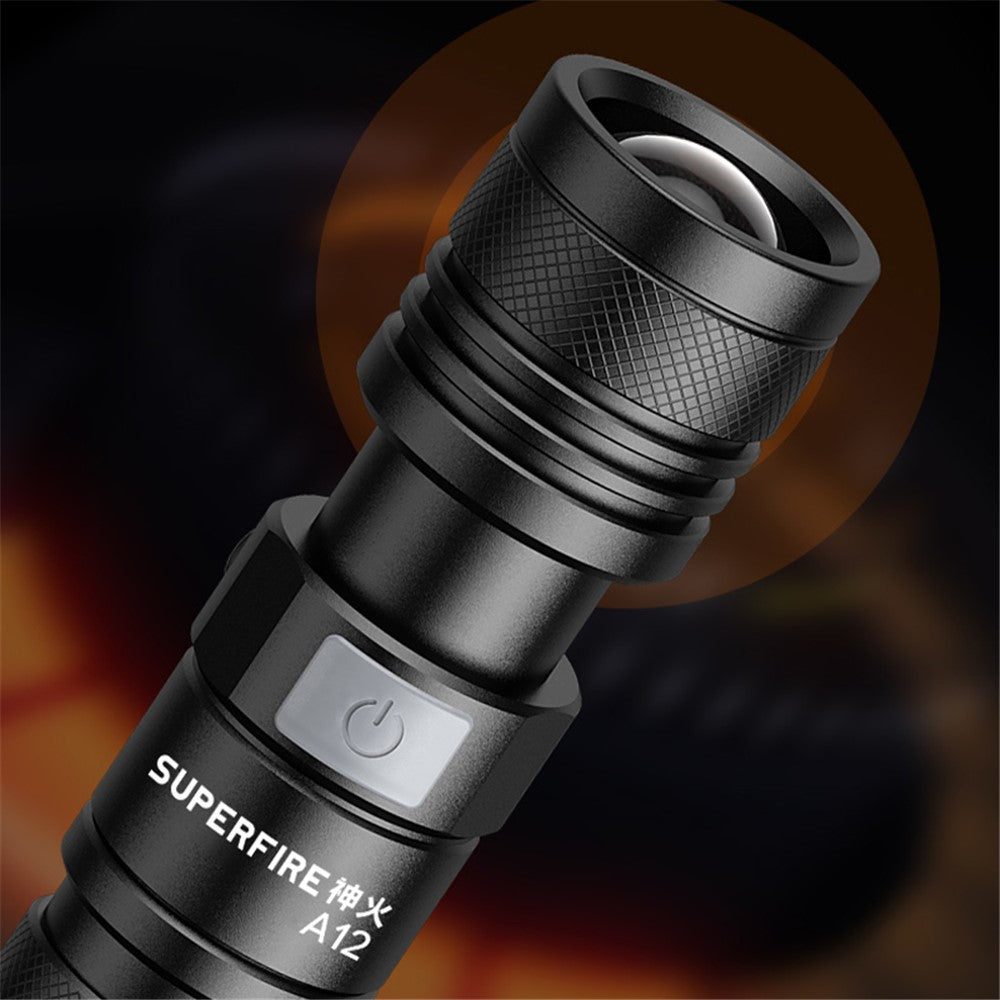 SUPERFIRE A12 Handheld Flashlight 15W Adjustable Focus Waterproof Drop Resistant with 5 Modes for Outdoor Emergency Use (without Battery)