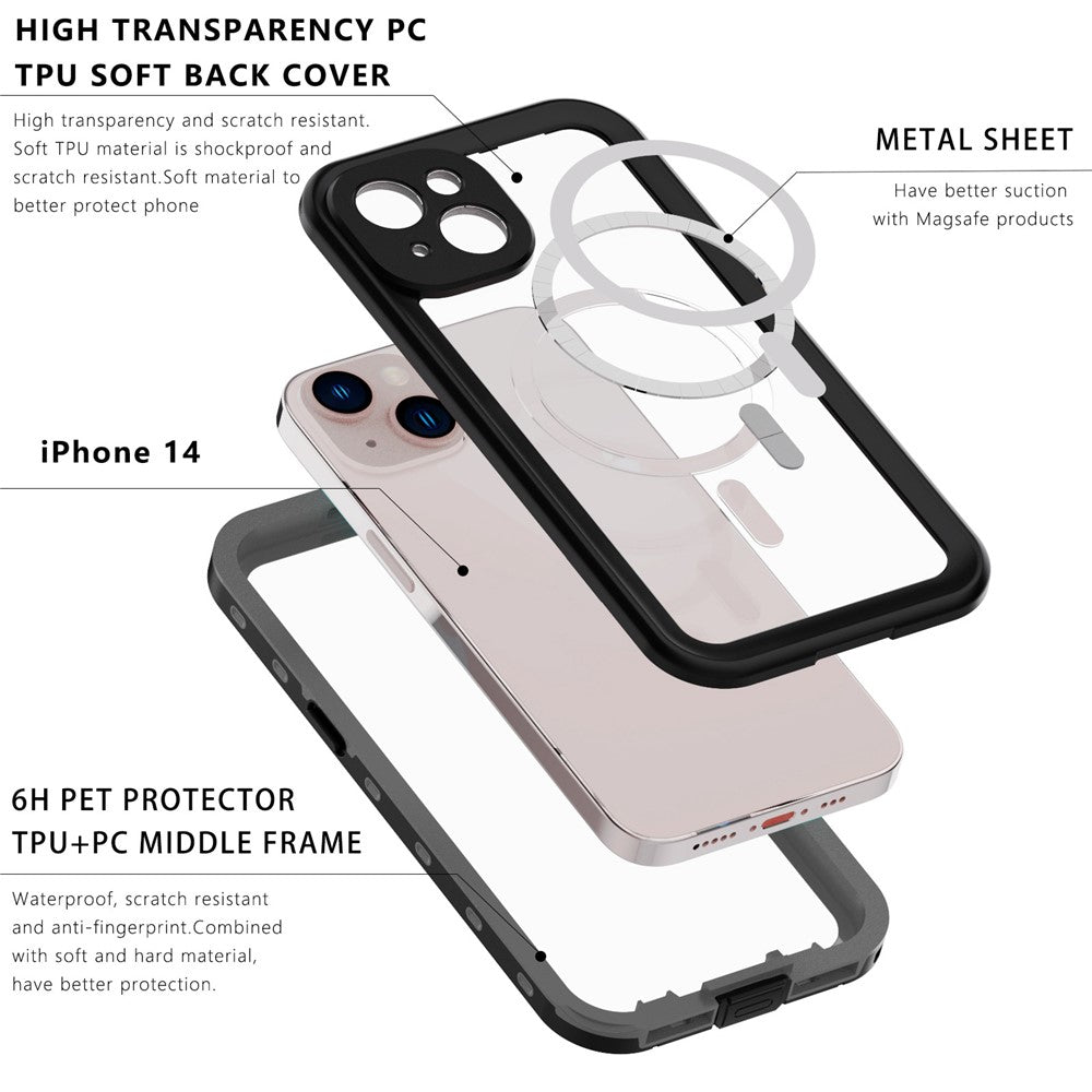 REDPEPPER Dot+ Series for iPhone 14 6.1 inch Compatible with MagSafe Wireless Charging Fall Proof Phone Cover IP68 Waterproof IP6X Dustproof Transparent Back Hybrid Phone Case