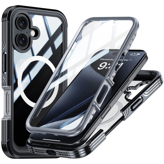 For iPhone 16 Magnetic Case with Tempered Glass Film PC + TPU Full Rugged Phone Cover
