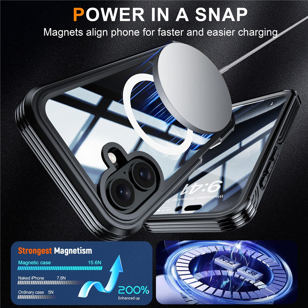 For iPhone 16 Magnetic Case with Tempered Glass Film PC + TPU Full Rugged Phone Cover