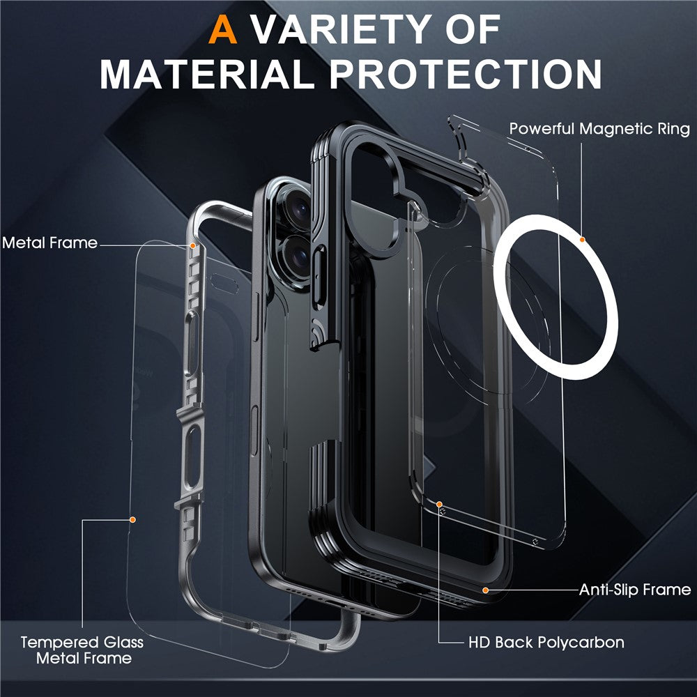 For iPhone 16 Magnetic Case with Tempered Glass Film PC + TPU Full Rugged Phone Cover