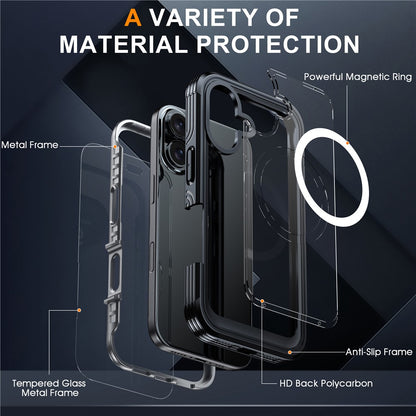 For iPhone 16 Magnetic Case with Tempered Glass Film PC + TPU Full Rugged Phone Cover