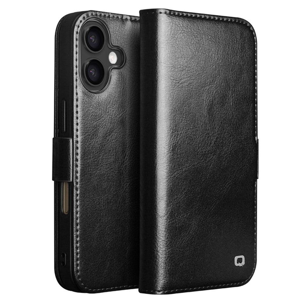 QIALINO For iPhone 17 Case with Card Holder Genuine Cow Leather Stand Phone Cover
