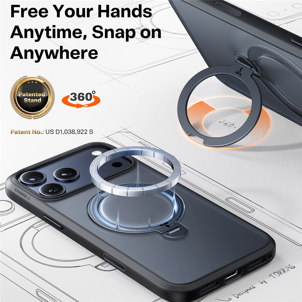 TORRAS Ostand Q3 Spin Series For iPhone 17 Pro Case Compatible with MagSafe Rotating Kickstand PC + TPU Phone Cover