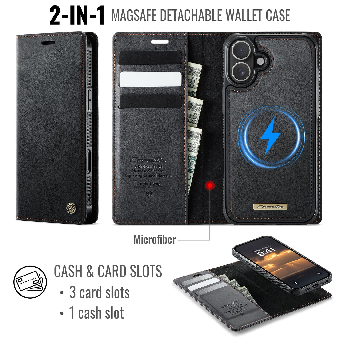 CASEME For iPhone 17 Case  C49 Compatible with MagSafe RFID Blocking Detachable Wallet Leather Phone Cover