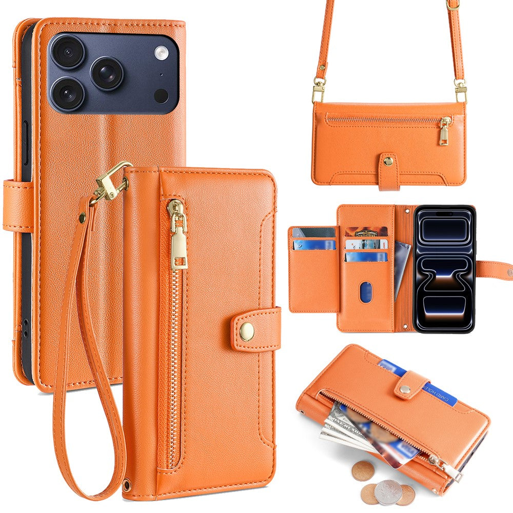 For iPhone 17 Pro Leather Case Zipper Pocket Wallet Phone Cover with 2 Straps