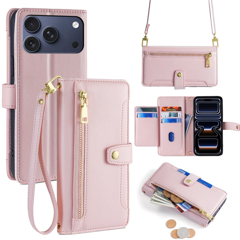 For iPhone 17 Pro Leather Case Zipper Pocket Wallet Phone Cover with 2 Straps