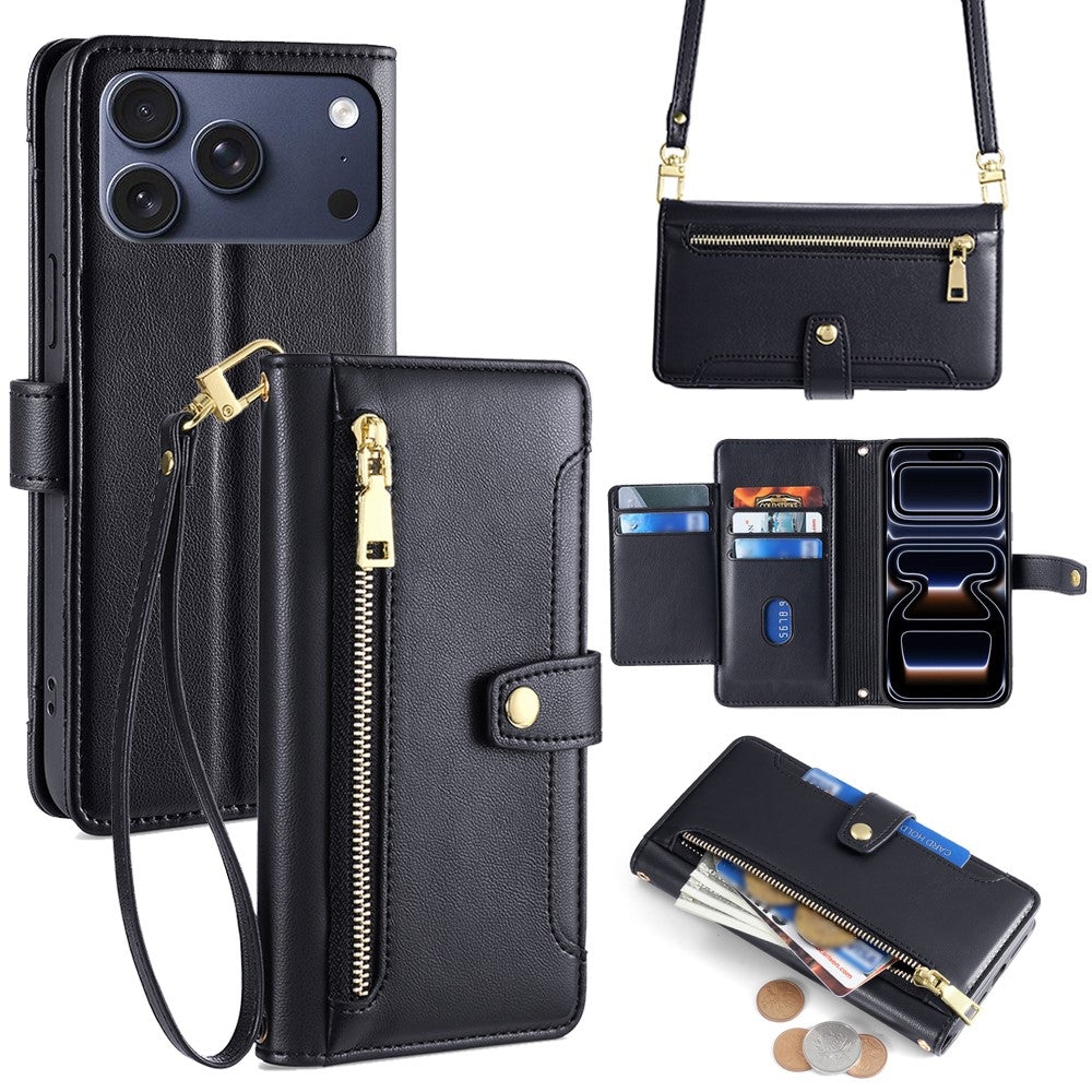 For iPhone 17 Pro Leather Case Zipper Pocket Wallet Phone Cover with 2 Straps