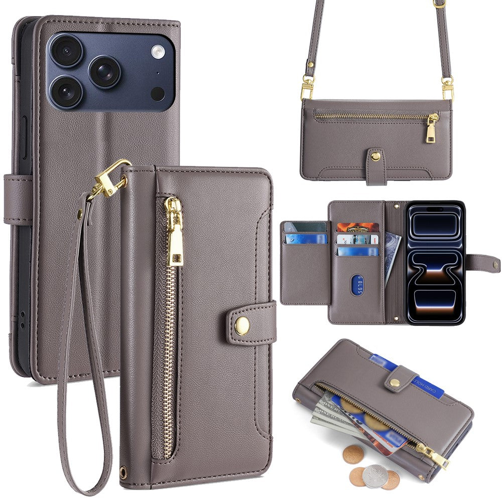 For iPhone 17 Pro Leather Case Zipper Pocket Wallet Phone Cover with 2 Straps