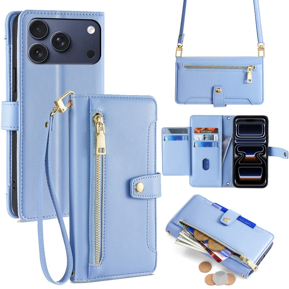For iPhone 17 Pro Leather Case Zipper Pocket Wallet Phone Cover with 2 Straps
