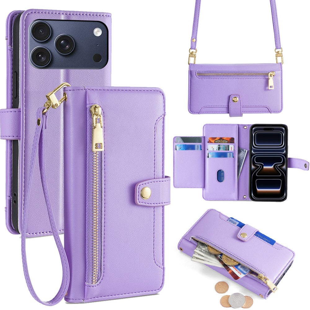 For iPhone 17 Pro Leather Case Zipper Pocket Wallet Phone Cover with 2 Straps