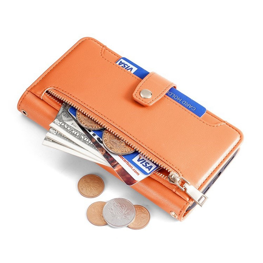 For iPhone 17 Pro Max Leather Case Zipper Pocket Wallet Phone Cover with 2 Straps