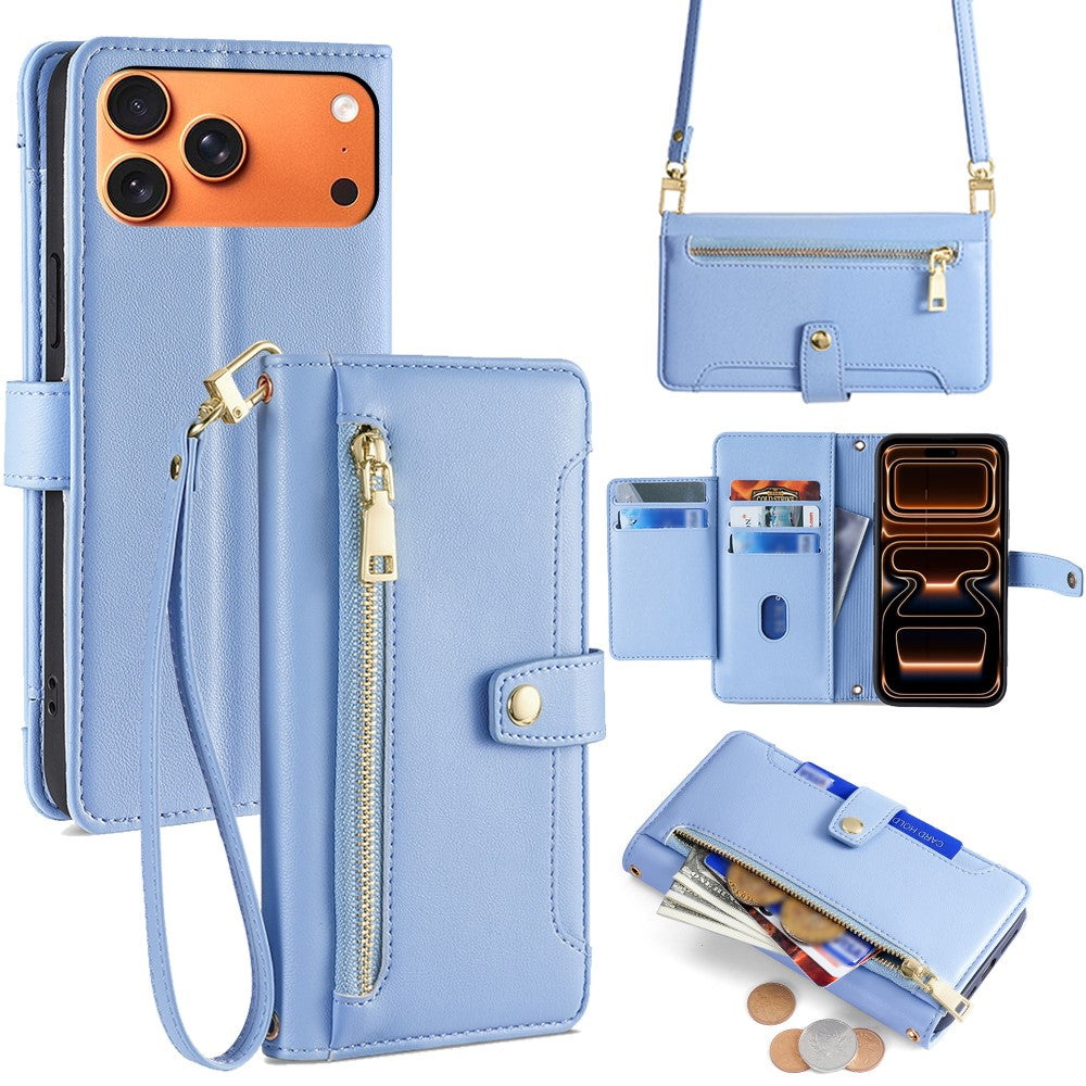 For iPhone 17 Pro Max Leather Case Zipper Pocket Wallet Phone Cover with 2 Straps
