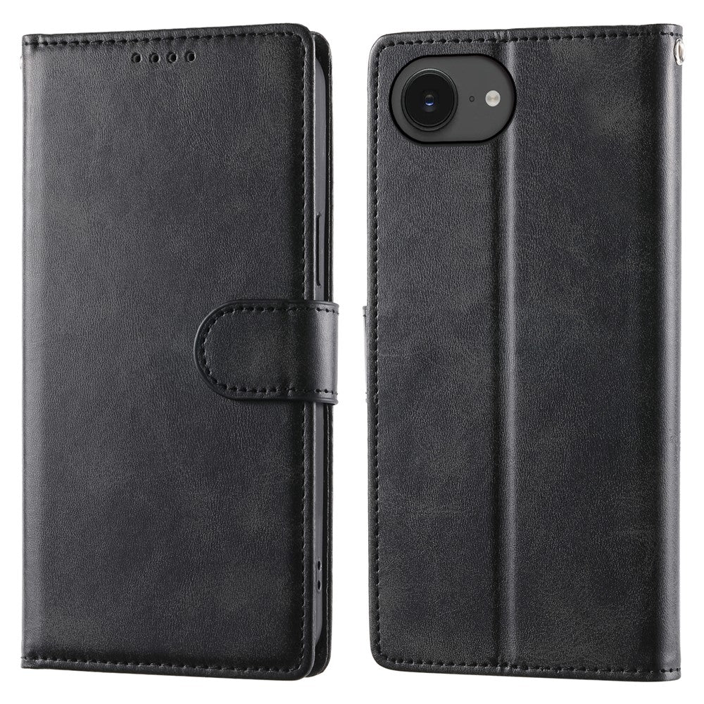 For iPhone 17e / 16e Case Stand Wallet Calf Texture PU Leather Flip Phone Cover with Wrist Strap