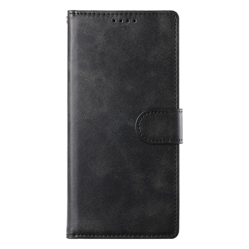 For iPhone 17e / 16e Case Stand Wallet Calf Texture PU Leather Flip Phone Cover with Wrist Strap