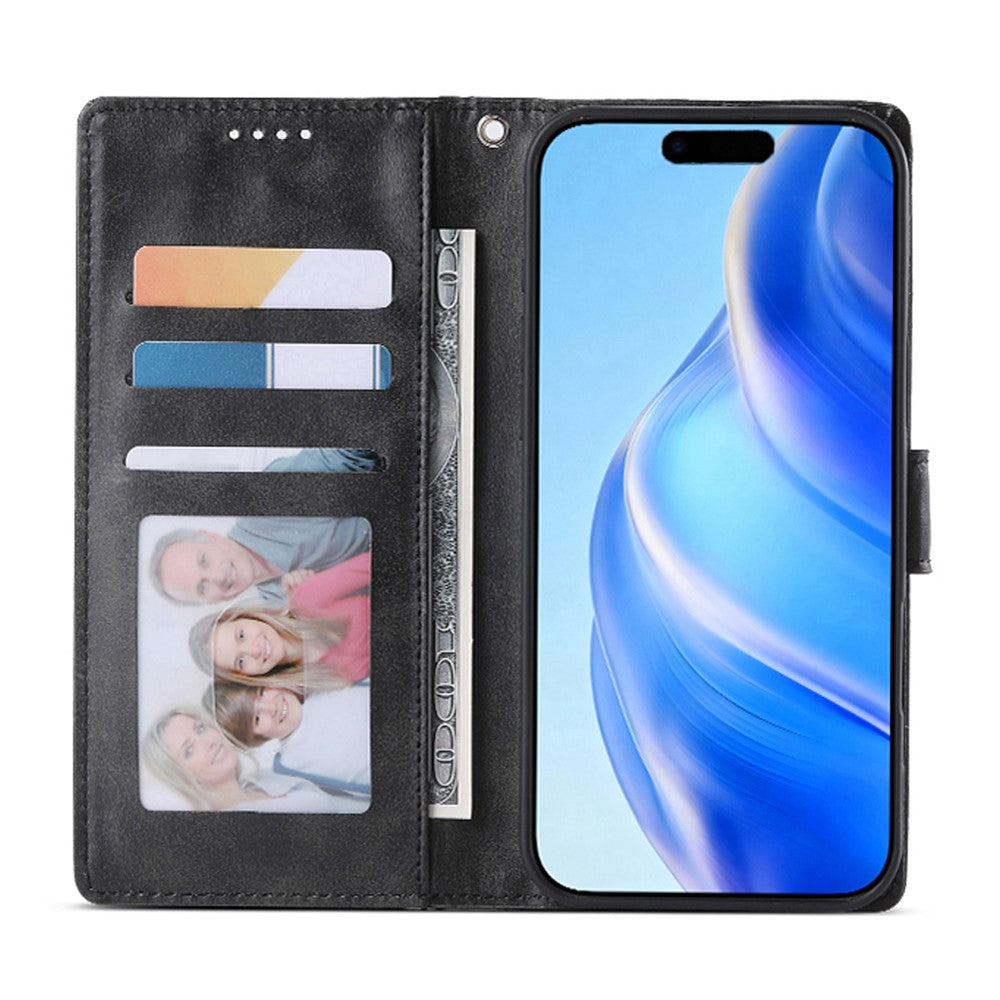 For iPhone 17e / 16e Case Stand Wallet Calf Texture PU Leather Flip Phone Cover with Wrist Strap