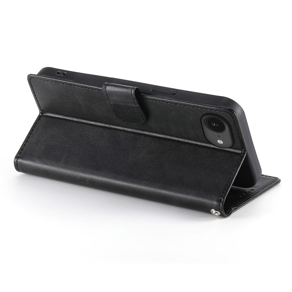 For iPhone 17e / 16e Case Stand Wallet Calf Texture PU Leather Flip Phone Cover with Wrist Strap