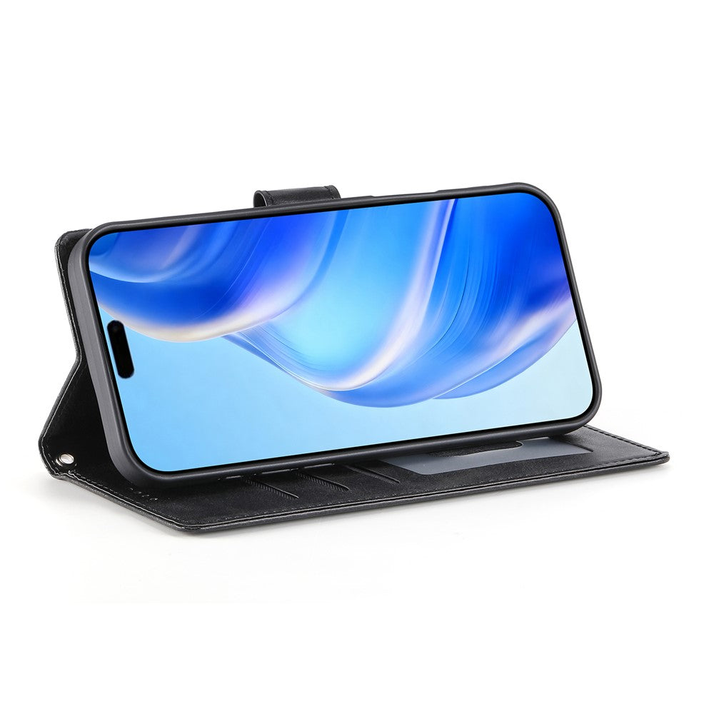 For iPhone 17e / 16e Case Stand Wallet Calf Texture PU Leather Flip Phone Cover with Wrist Strap
