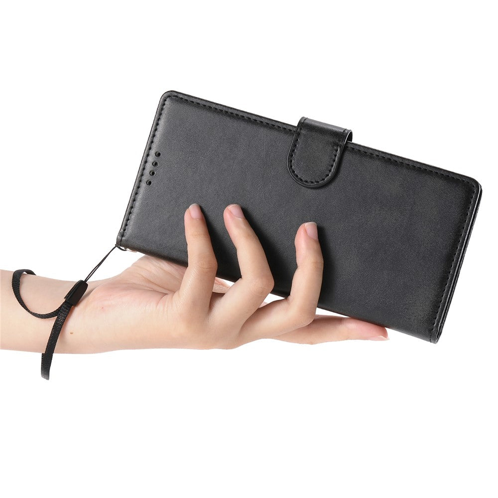 For iPhone 17e / 16e Case Stand Wallet Calf Texture PU Leather Flip Phone Cover with Wrist Strap