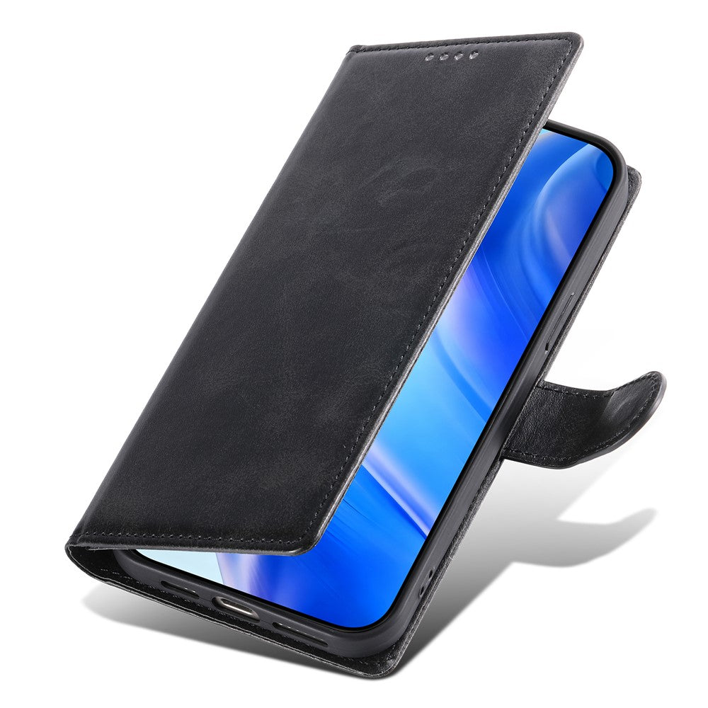 For iPhone 17e / 16e Case Stand Wallet Calf Texture PU Leather Flip Phone Cover with Wrist Strap