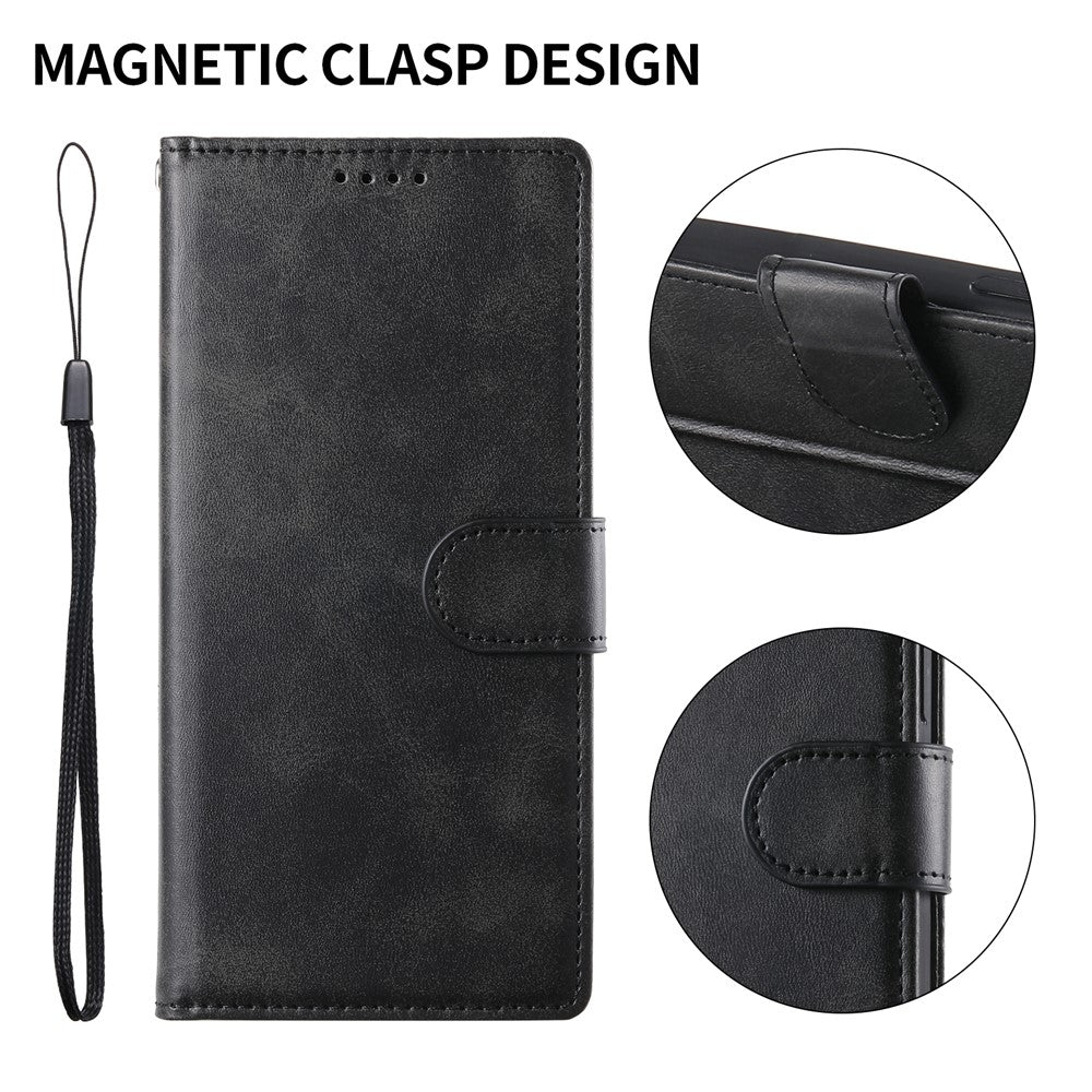 For iPhone 17e / 16e Case Stand Wallet Calf Texture PU Leather Flip Phone Cover with Wrist Strap