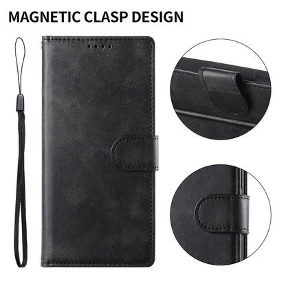 For iPhone 17e / 16e Case Stand Wallet Calf Texture PU Leather Flip Phone Cover with Wrist Strap