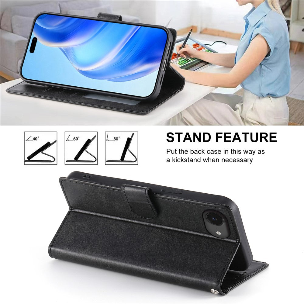 For iPhone 17e / 16e Case Stand Wallet Calf Texture PU Leather Flip Phone Cover with Wrist Strap