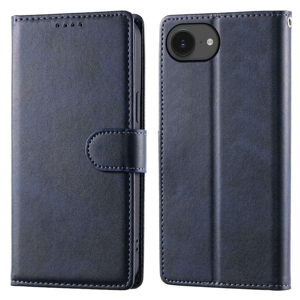 For iPhone 17e / 16e Case Stand Wallet Calf Texture PU Leather Flip Phone Cover with Wrist Strap