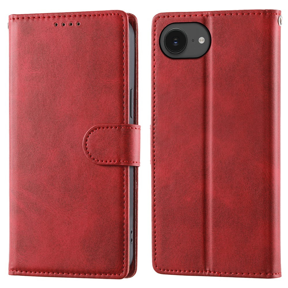 For iPhone 17e / 16e Case Stand Wallet Calf Texture PU Leather Flip Phone Cover with Wrist Strap