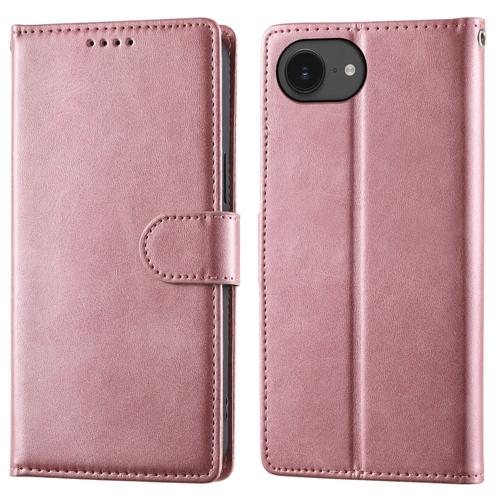 For iPhone 17e / 16e Case Stand Wallet Calf Texture PU Leather Flip Phone Cover with Wrist Strap