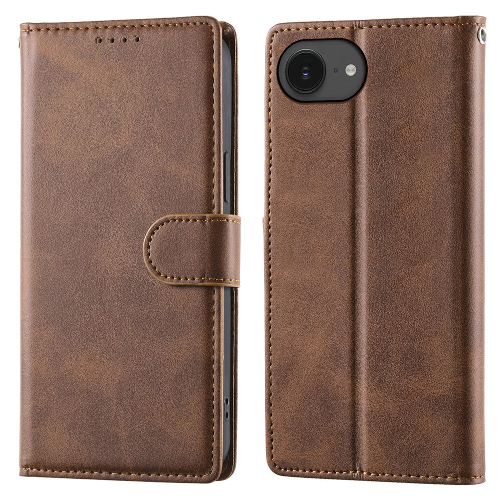 For iPhone 17e / 16e Case Stand Wallet Calf Texture PU Leather Flip Phone Cover with Wrist Strap