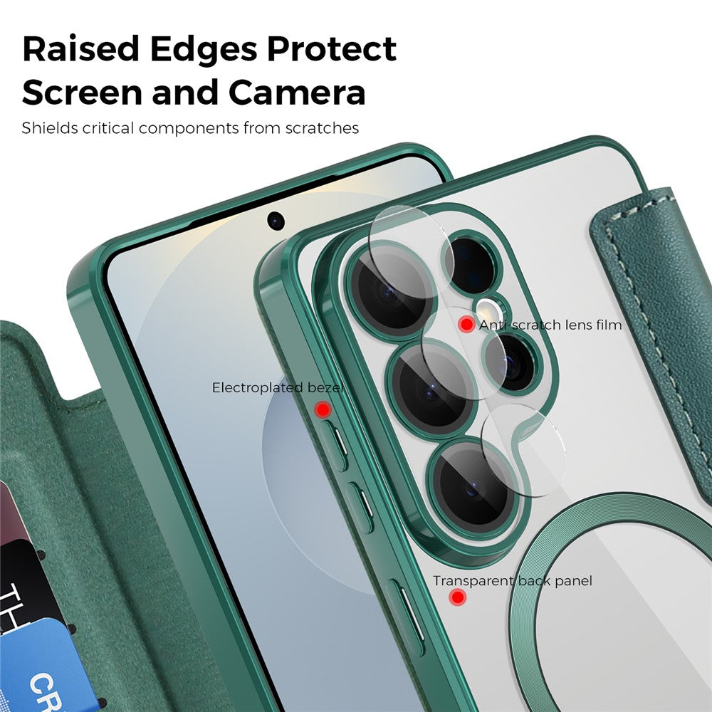 Magnetische Hülle für Samsung Galaxy S26 Ultra mit Kartenfach, RFID-Schutz, Leder & Kameralinsenschutz