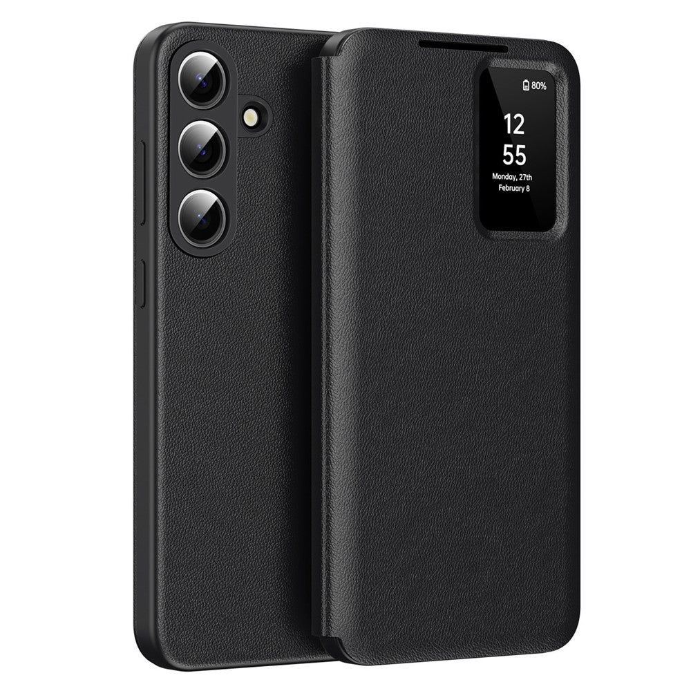 For Samsung Galaxy S26+ Hülle mit Kartenfach & Smart View Fenster aus Leder