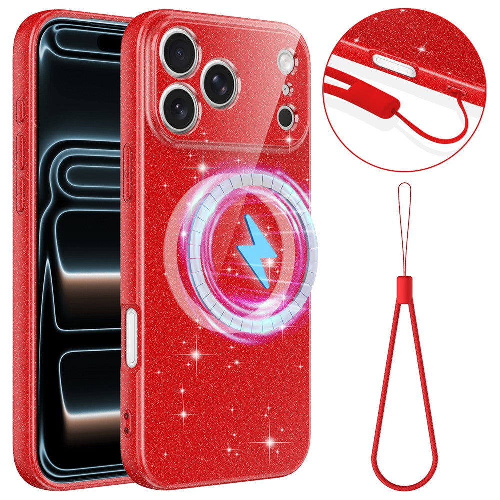 For iPhone 17 Pro Max Case Compatible with MagSafe Glitter TPU Shockproof Phone Cover with Wrist Strap