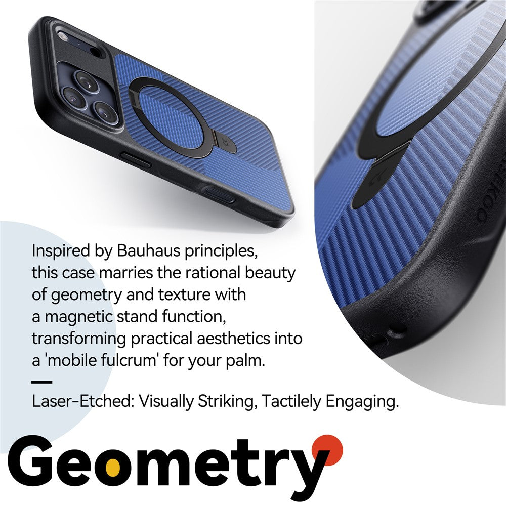 CASEKOO Geometry Series for iPhone 18 Pro / 17 Pro Magnetic Case UV Printing Ring Kickstand PC + TPU Shockproof Cover