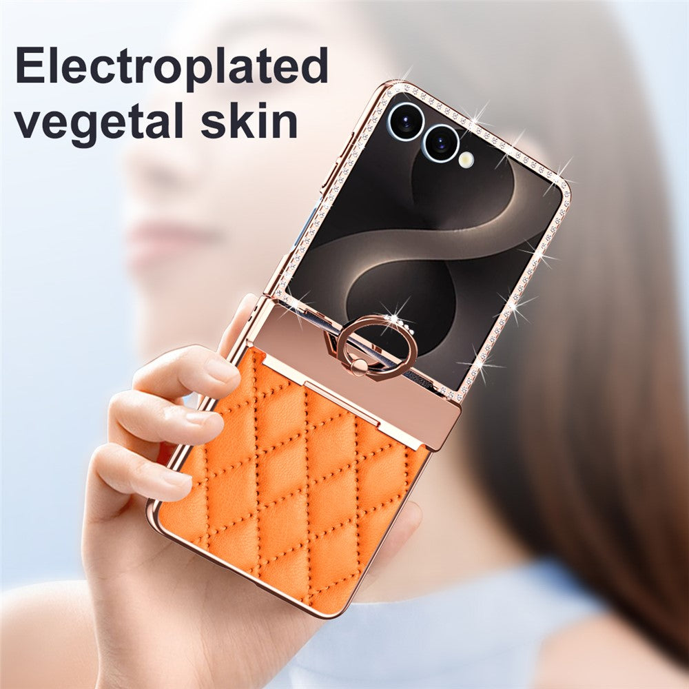 For Samsung Galaxy Z Flip8 Case Rhinestone Decor Leather + PC Rhombus Phone Cover with Tempered Glass Film