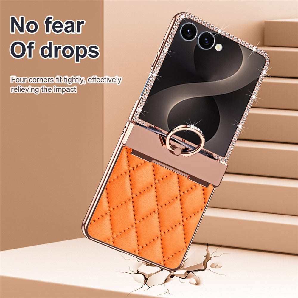 For Samsung Galaxy Z Flip8 Case Rhinestone Decor Leather + PC Rhombus Phone Cover with Tempered Glass Film