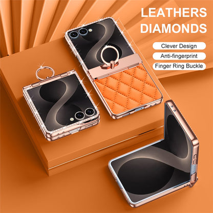 For Samsung Galaxy Z Flip8 Case Rhinestone Decor Leather + PC Rhombus Phone Cover with Tempered Glass Film