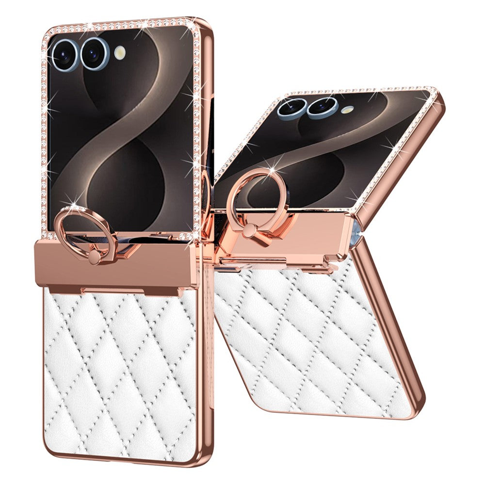 For Samsung Galaxy Z Flip8 Case Rhinestone Decor Leather + PC Rhombus Phone Cover with Tempered Glass Film