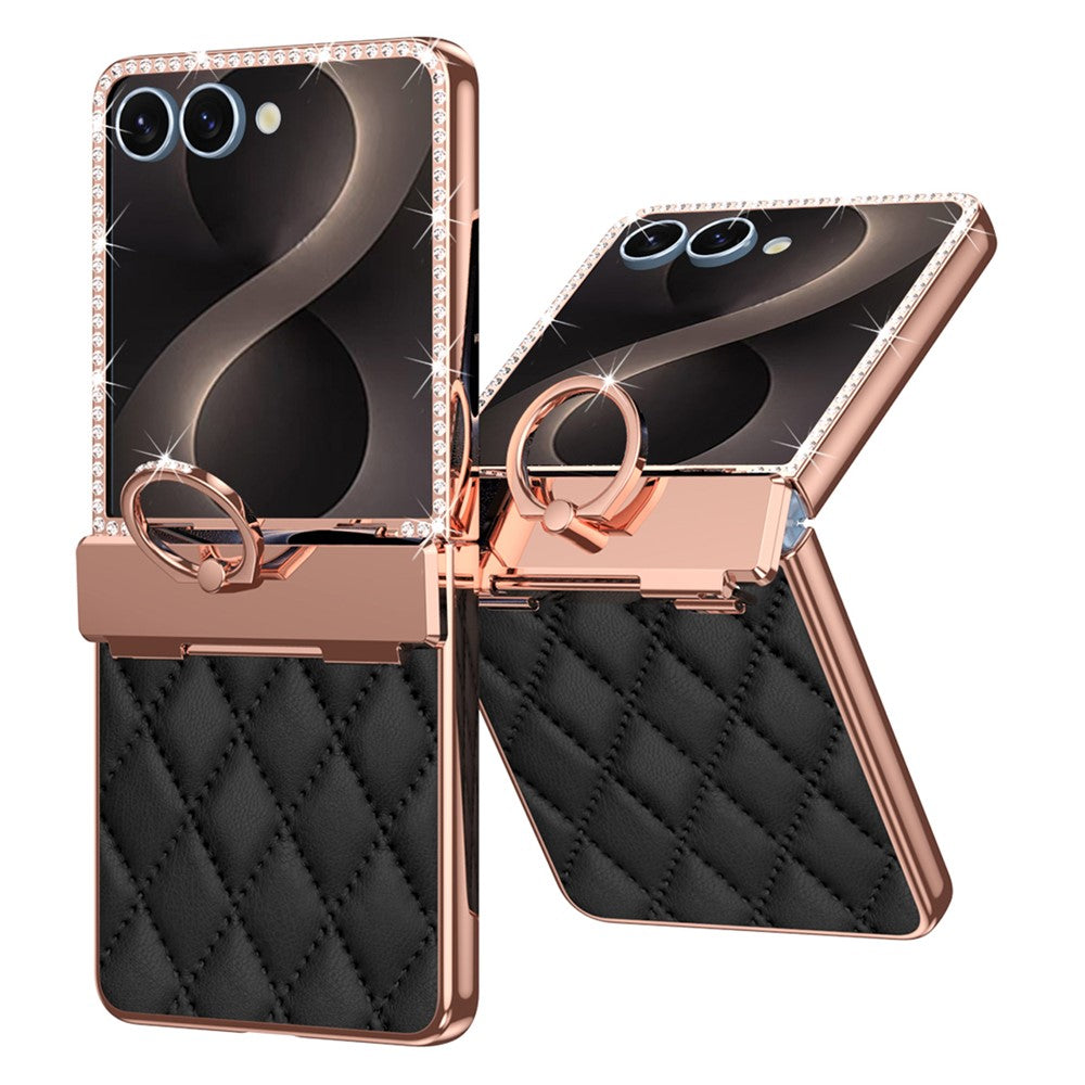 For Samsung Galaxy Z Flip8 Case Rhinestone Decor Leather + PC Rhombus Phone Cover with Tempered Glass Film