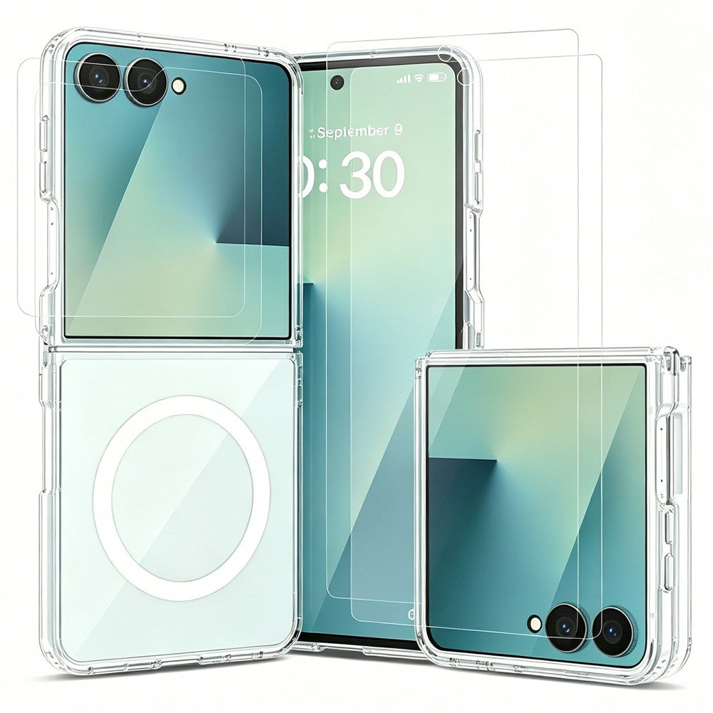 For Samsung Galaxy Z Flip8 Magnetic Case PC + TPU Clear Phone Cover + 2Pcs Outer Screen Tempered Glass Film + 2Pcs Inner Screen Hydrogel Film