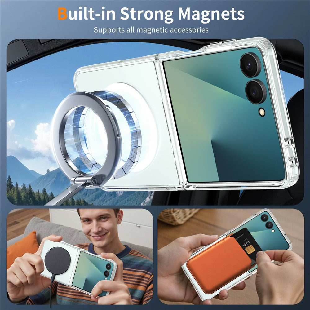 For Samsung Galaxy Z Flip8 Magnetic Case PC + TPU Clear Phone Cover + 2Pcs Outer Screen Tempered Glass Film + 2Pcs Inner Screen Hydrogel Film