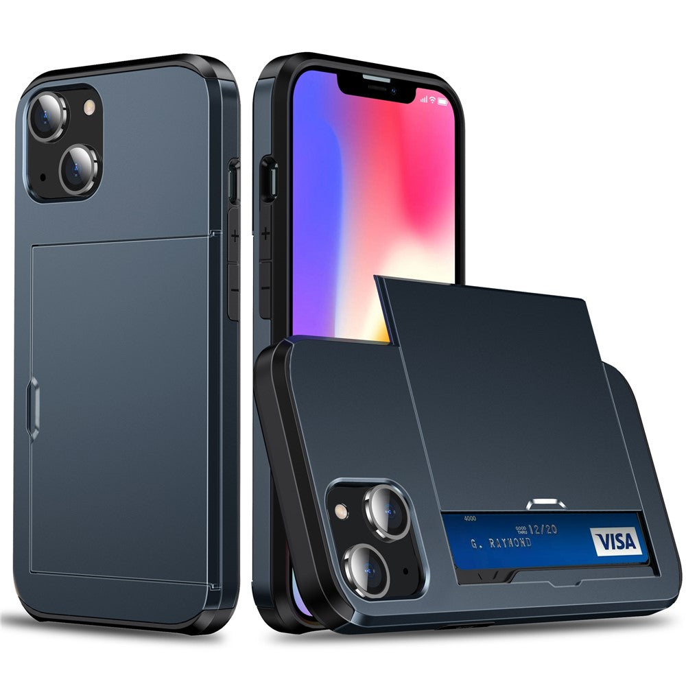 Slide Card Holder Protective Phone Case for iPhone 15 , TPU + PC Drop-proof Cell Phone Cover