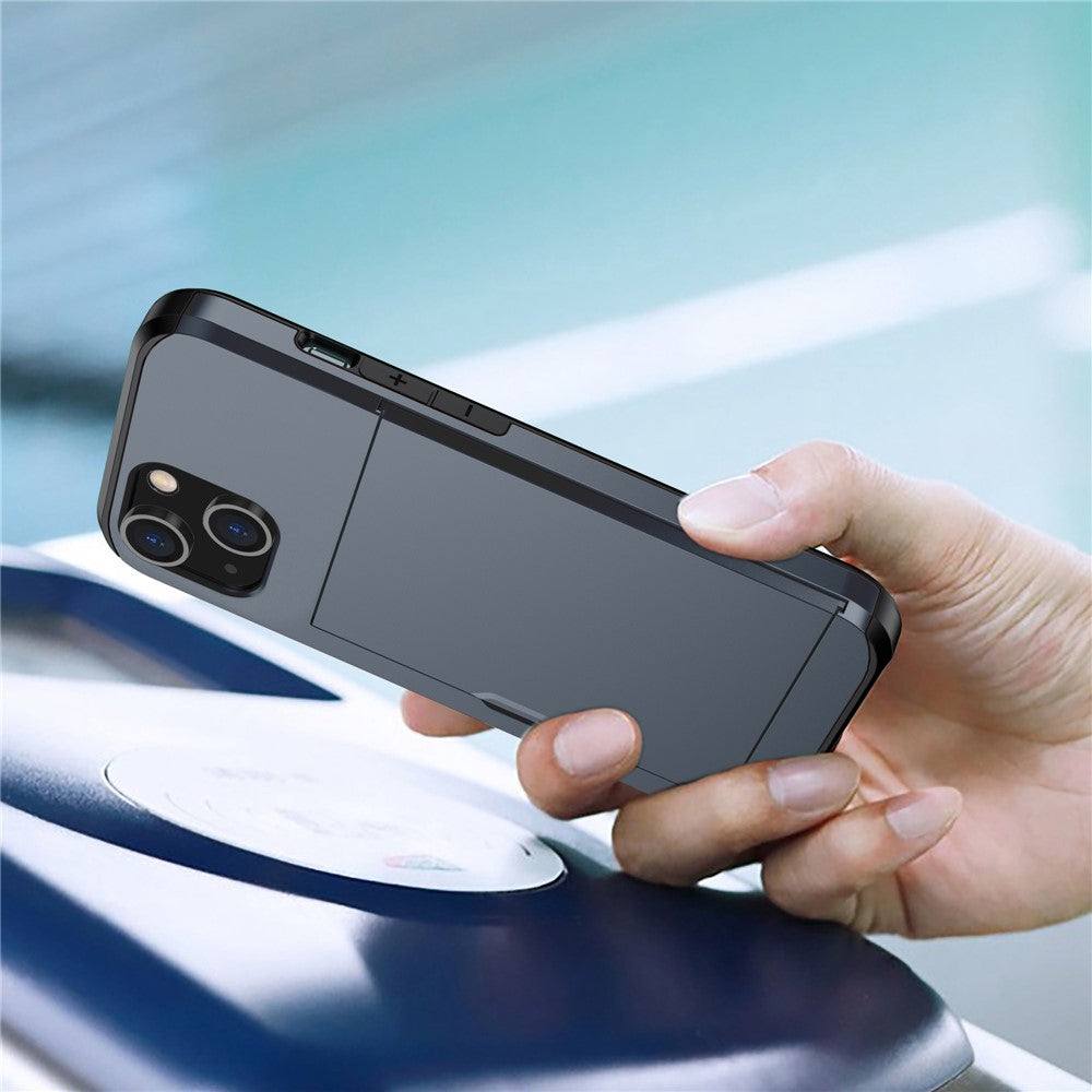 Slide Card Holder Protective Phone Case for iPhone 15 , TPU + PC Drop-proof Cell Phone Cover