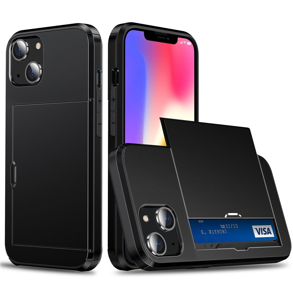 Slide Card Holder Protective Phone Case for iPhone 15 , TPU + PC Drop-proof Cell Phone Cover