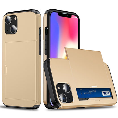 Slide Card Holder Protective Phone Case for iPhone 15 , TPU + PC Drop-proof Cell Phone Cover