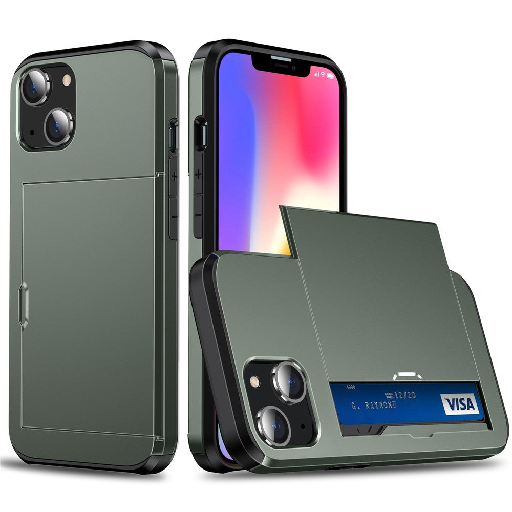 Slide Card Holder Protective Phone Case for iPhone 15 , TPU + PC Drop-proof Cell Phone Cover