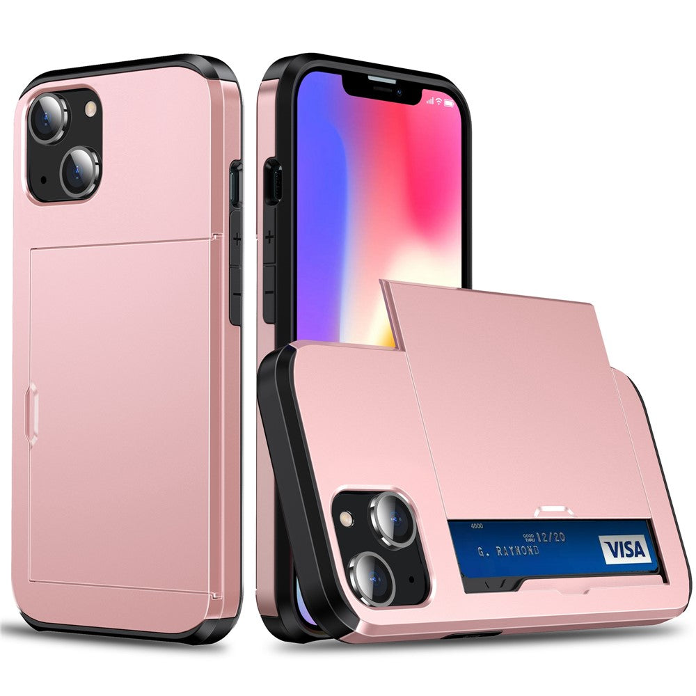 Slide Card Holder Protective Phone Case for iPhone 15 , TPU + PC Drop-proof Cell Phone Cover
